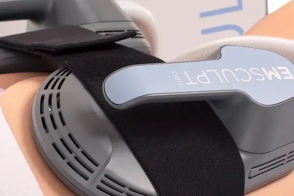 Aplicador do Emsculpt Neo fixado com cinta
